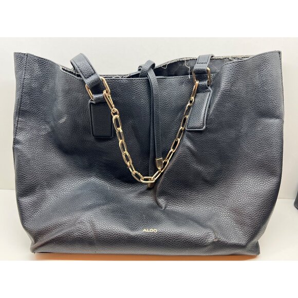 Aldo 2-Piece Black Leather Tote & Pouch Set With Gold Chain Strap - Picture 2 of 13